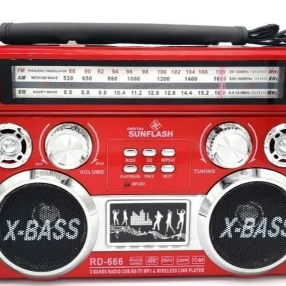 Red Portable Retro AM/FM/SW 3-Band Radio With Bluetooth & Flash Light Boombox